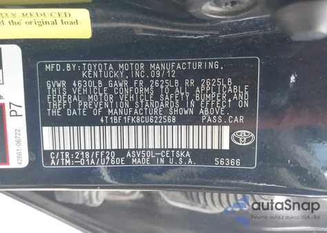 2012 Toyota Camry Se from USA, damaged, VIN 4T1BF1FK8CU622568